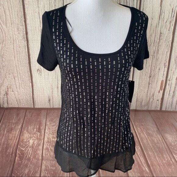 ANA Tee Shirt Top Womens Medium Black Studded Viscose Stretch casual NWT - Picture 2 of 8
